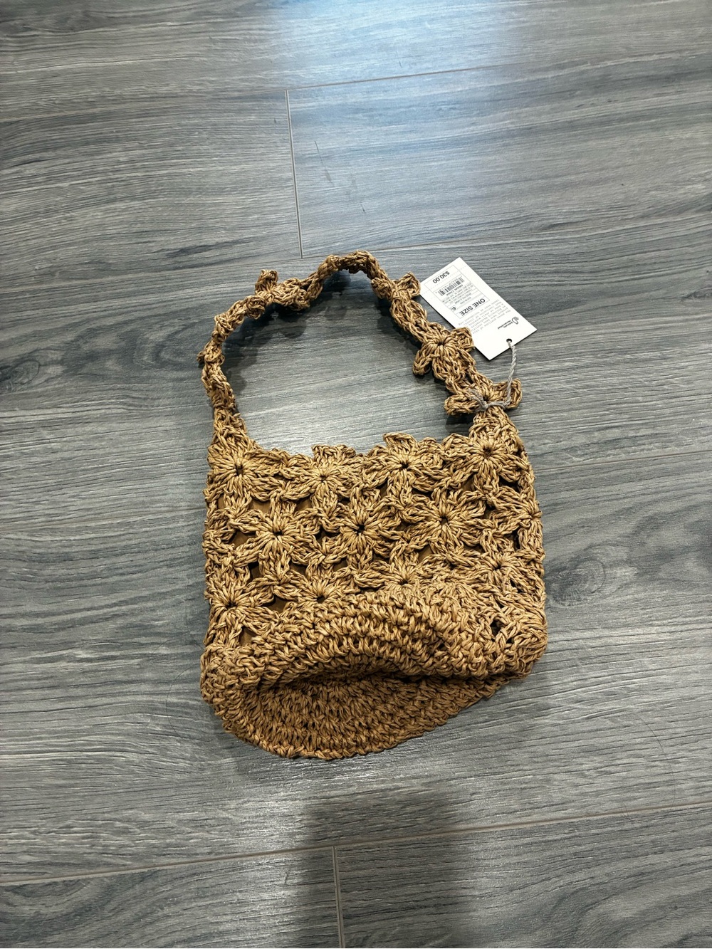 Tan Crochet Floral-Pattern Shoulder Bag